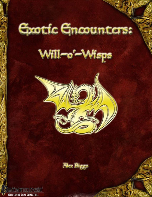 Exotic Encounters: Will o' Wisps PDF cover, a 1-page digital document featuring a gold dragon logo on maroon background with ornate gold borders, compatible with roleplaying games.