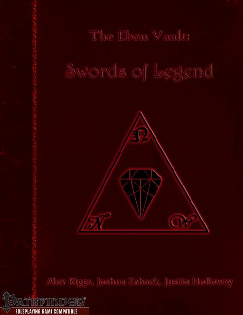 The Ebon Vault: Swords of Legend PDF, a Pathfinder roleplaying game book cover featuring a red triangle with diamond and symbols on dark red, highlighting the book cover art and authors' names.