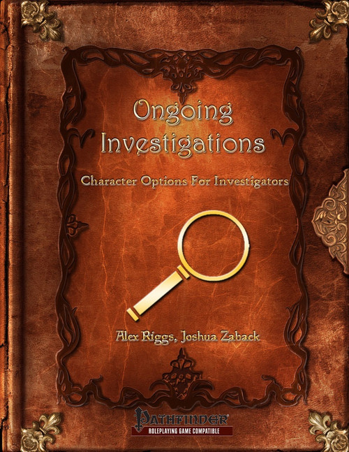Cover art for Ongoing Investigations: Character Options For Investigators PDF, a Pathfinder accessory featuring a brown book with gold magnifying glass and Pathfinder logo, 48 page book.