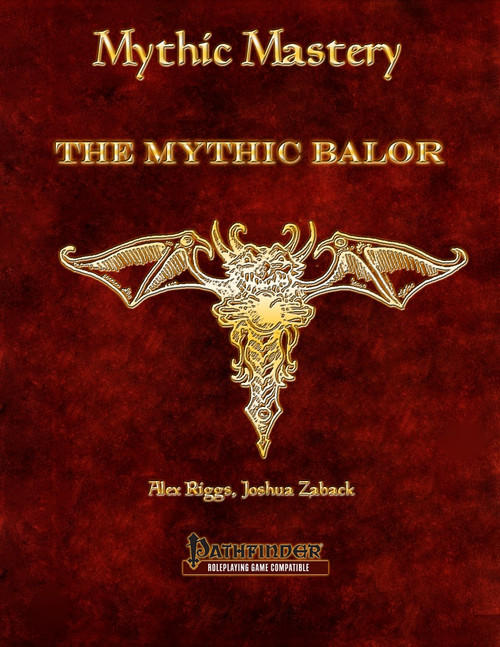 Pathfinder Mythic Mastery The Mythic Balor PDF cover features a gold demon head on a red background with author names and the Pathfinder logo in a square format, representing a high-level Dungeons & Dragons book, 8.5 x 11 inches.