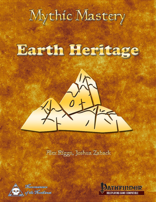 Mythic Mastery: Earth Heritage PDF cover featuring a gold mountain range on a brown background, including authors Alex Riggs and Joshua Zaback, Pathfinder logo, and Knights of the Northshield emblem, a fantasy RPG accessory.