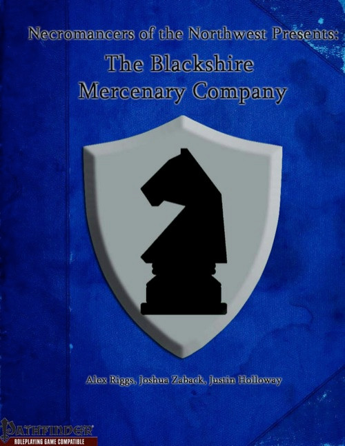 Grey shield with a black knight chess piece on a blue background, featuring the Blackshire Mercenary Company logo, a Pathfinder compatible roleplaying game supplement by Necromancers of the Northwest authors.