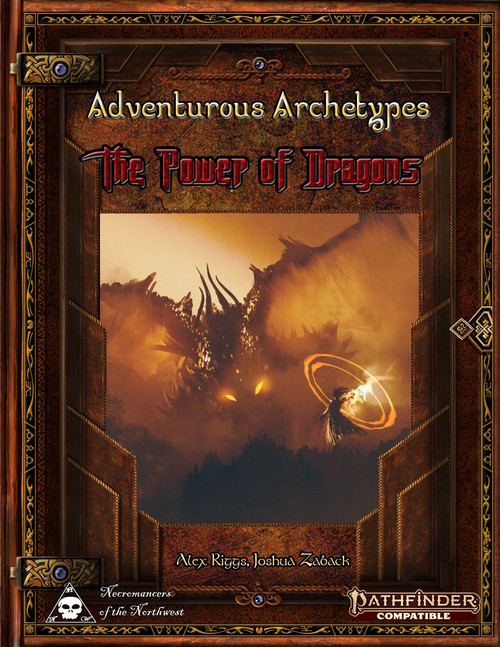 Adventurous Archetypes The Power of Dragons PDF cover featuring a dragon on a brown background with gold and red text, designed for Pathfinder RPG characters and GMs, 8.5 x 11 inches in portrait layout.