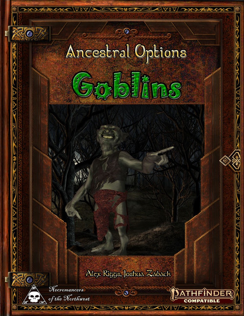 Ancestral Options Goblins PDF cover,  a goblin in red loincloth on brown background with gold accents, Pathfinder 2nd Edition compatible ancestry feat for customization, green character illustration, roleplaying game supplement.
