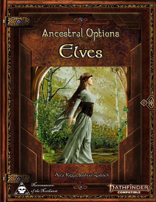 Pathfinder Second Edition roleplaying game, Ancestral Options - Elves PDF. Brown leather-bound book with gold accents, featuring a woman in a forest setting. Compatible with Pathfinder and written by Necromancers of the Northwest.