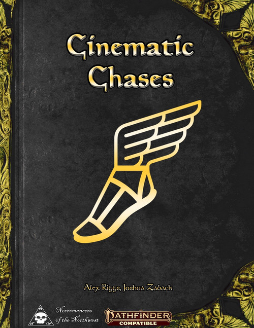 Cinematic Chases PDF supplement for 2nd edition Pathfinder Roleplaying Game, featuring a black cover with gold accents and winged foot graphic,  compatible with the RPG.