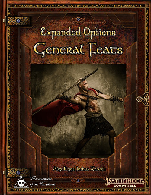 Expanded Options - General Feats PDF, a Pathfinder Second Edition supplement, featuring a muscular warrior in red cape wielding a sword, 24 brand new general feats for levels 1 to 11, a game supplement offering fresh gameplay options.