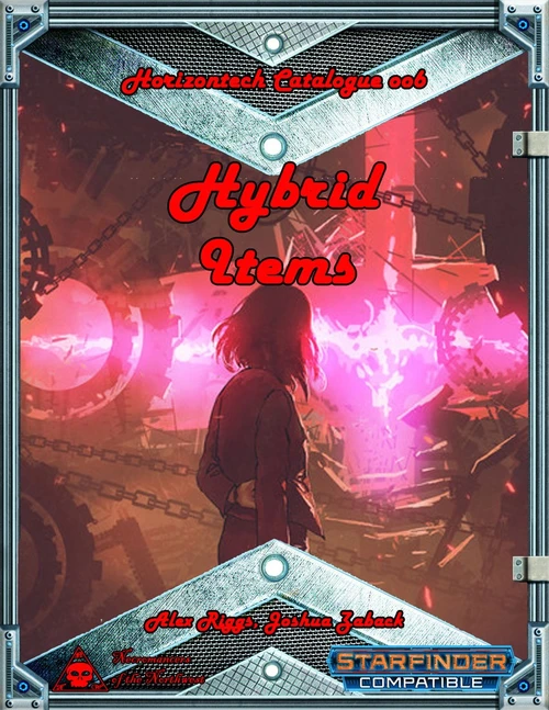 Horizontech Catalogue 006: Hybrid Items (SFRPG) PDF cover features a futuristic woman with pink machinery, blending technology and magic in a dynamic scene, compatible with Starfinder, showcasing innovative designs by Kim Rigg and Jackson Greenbo, digital format.