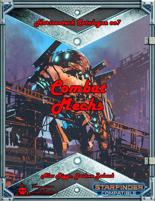 Horizontech Catalogue 007 Combat Mechs PDF cover features a large orange mech with blue eyes on a factory background, a part of Starfinder-compatible products from Horizontech, showcasing advanced combat and spacefaring technology.