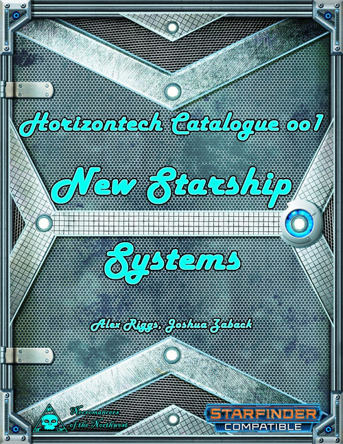 Horizontech Catalogue 001 - New Starship Systems PDF cover features metallic gray background with silver accents and teal text, highlighting cutting-edge tech from Horizontech, a leading publisher of Starfinder compatible systems and futuristic innovations.
