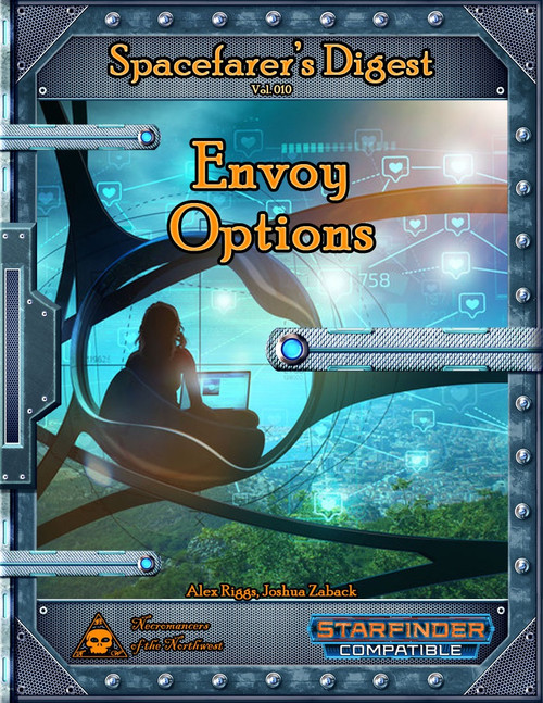 Spacefarer's Digest 010: Envoy Options PDF cover, 8.5 x 11 inches, featuring a spacefarer with a laptop in a futuristic setting, compatible with Starfinder, showcasing Envoy character themes and player options.