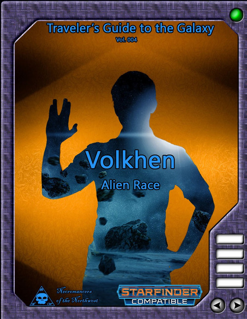Traveler's Guide to the Galaxy 004: Volkhen Alien Race PDF, featuring the logical and disciplined Volkhen people with minor telepathic abilities on a dark background with orange and blue tones, compatible with Starfinder RPG.