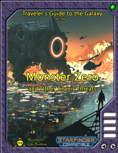 Starfinder-compatible PDF book cover featuring the Traveler's Guide to the Galaxy 006 - Monster Zero and Other Titanic Threats, a sci-fi monster and spaceship battle scene at sunset with large dragons and starships.