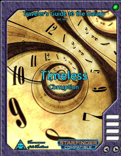 Traveler's Guide to the Galaxy 008 Timeless Corruption PDF, Starfinder compatible, clocks and time travel themes in gold and blue hues with a purple border on a standard-sized sheet featuring RPG content by a specific brand.