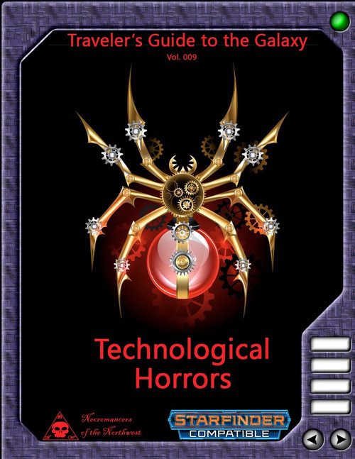 Traveler's Guide to the Galaxy 009 Technological Horrors PDF cover, a steampunk-style robotic creature on a black background with red text, compatible with Starfinder, in a compact [PDF] file format, with [black] background color.