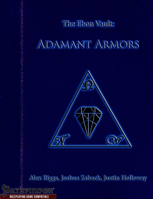 The Ebon Vault: Adamant Armors PDF book cover, a Pathfinder roleplaying game compatible cover featuring a dark blue background, blue text, and an Adamant triangular symbol.