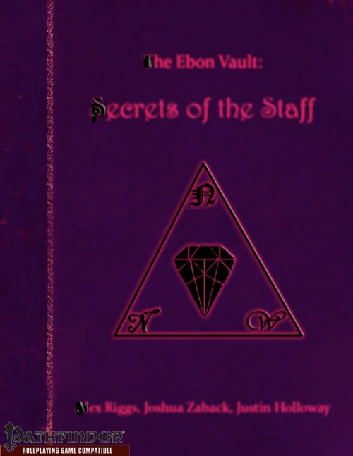 The Ebon Vault: Secrets of the Staff PDF, a Pathfinder-compatible roleplaying game accessory, featuring purple cover with pink and black graphics, highlighting staves with unique abilities and magical battery-powered gemstaves in various designs.