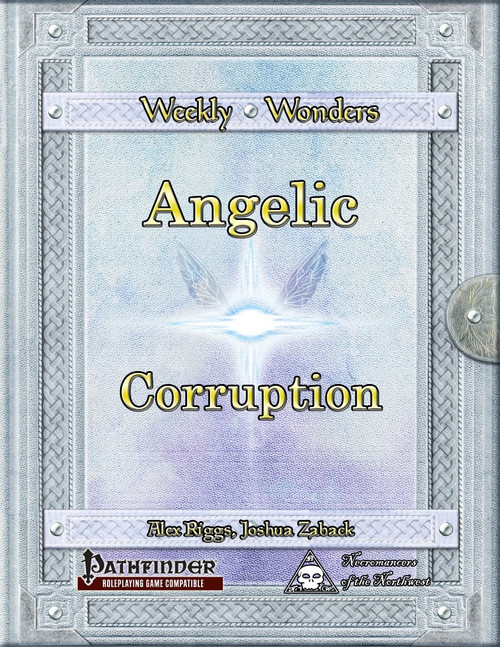 Weekly Wonders - Angelic Corruption PDF cover featuring a glowing white star with angel wings and light blue, purple background with gold text and silver border for Pathfinder Roleplaying Game.