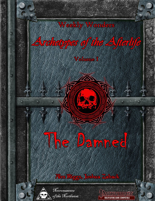Weekly Wonders: Archetypes of the Afterlife Volume I, The Damned PFRPG PDF cover featuring a red metal door with a skull emblem and spiked details in a dark fantasy setting.