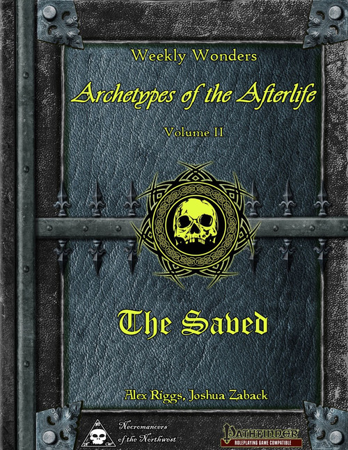 Weekly Wonders Archetypes of the Afterlife Volume II The Saved PDF, a dark leather-bound book with metal accents and yellow text, a spiritual guide for Pathfinder Roleplaying Game, published by BattleForge.