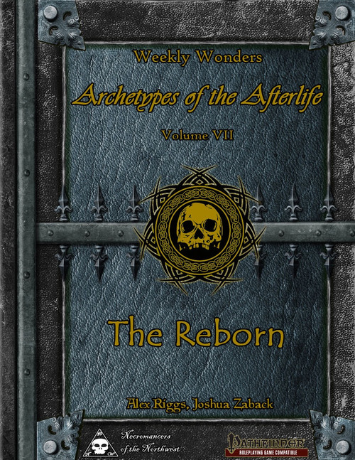 A PDF cover featuring a leather-bound book with a metal-accented skull, spikes, and a bold font, representing Weekly Wonders - Archetypes of the Afterlife Volume VII, by Alex Riggs, Joshua Zaback, for Pathfinder RPG.