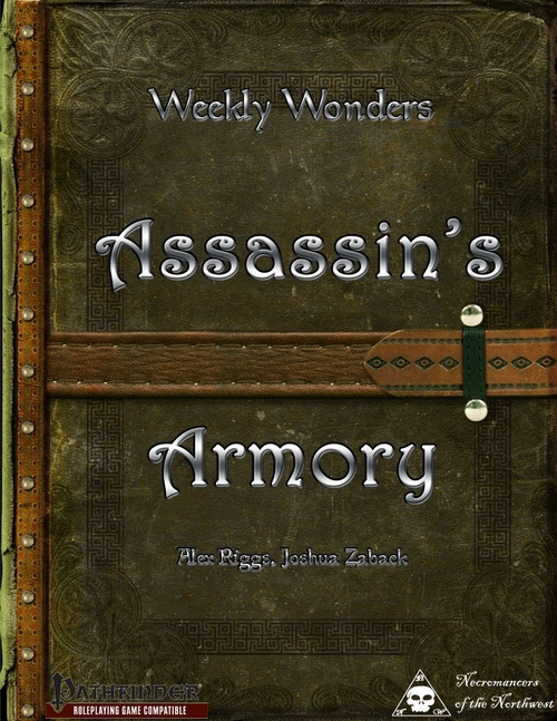 Weekly Wonders Assassin's Armory PDF book cover, featuring brown leather-bound, metal rivets, and strap design with a professional assassin theme, compatible with tabletop roleplaying games and tabletop RPG accessories from Necromancer Games.