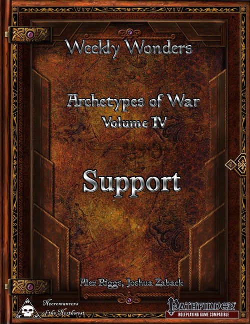 Weekly Wonders Archetypes of War Volume IV Support PDF, brown leather-bound book with gold accents, 100-page Pathfinder-compatible content by Necromancers of the Northwest.