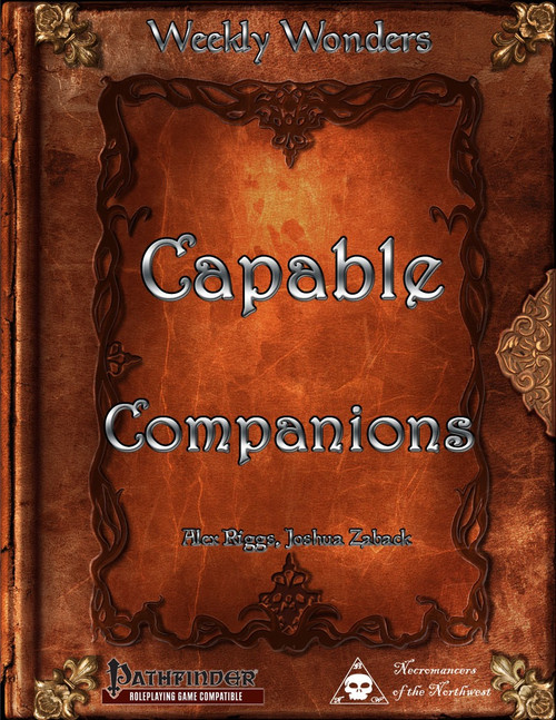Weekly Wonders Capable Companions leather-bound PDF book, featuring golden accents and fantasy RPG logos, 6 unique cohorts with stats, backgrounds, and advancement details. Pathfinder RPG and Necromancers of the North compatible book.