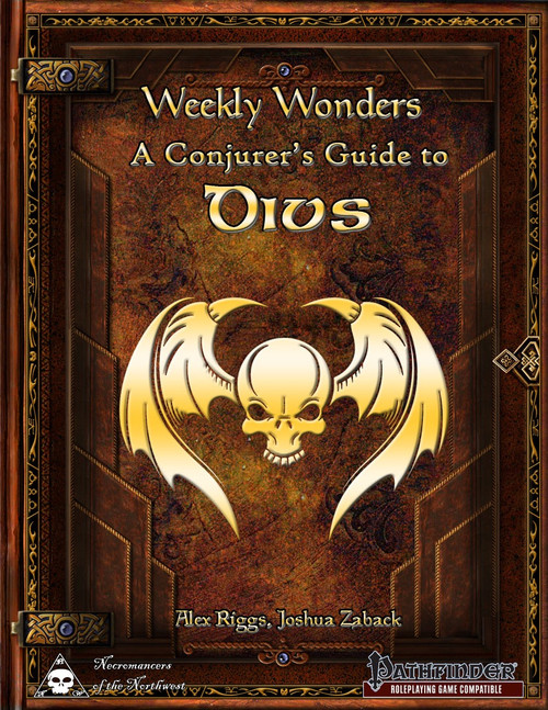 Weekly Wonders A Conjurer's Guide to Divs PDF book cover featuring a winged skull, brown leather, gold accents, and Pathfinder logo, for roleplaying games and summoner characters in Pathfinder RPG system.