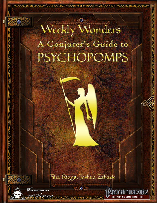 Weekly Wonders - A Conjurer's Guide to Psychopomps PDF, featuring a golden angel silhouette on a brown leather background with gold accents, for Pathfinder roleplaying game by Alex Riggs and Joshua Zaback.