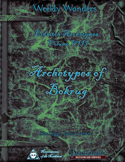 Weekly Wonders Eldritch Archetypes Volume VIII PDF cover, featuring dark green marbled design and blue Pathfinder logo, for eldritch fantasy character archetypes in pdf format, 5 archetypes for roleplaying games.
