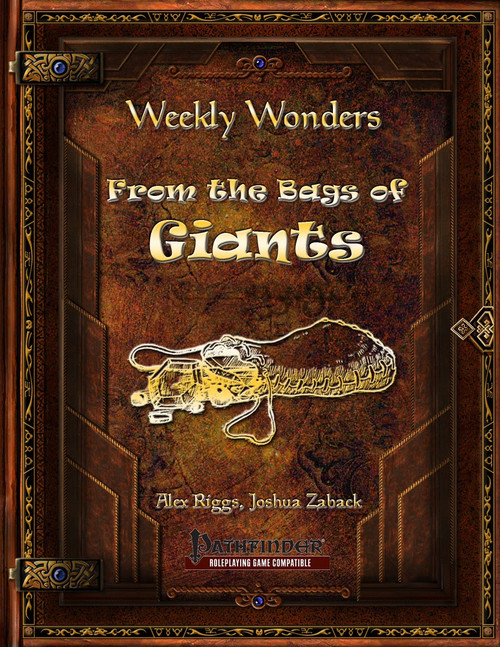 Weekly Wonders: From the Bags of Giants PDF leather-bound cover with gold accents, featuring a giant's treasure bag, a Pathfinder-compatible roleplaying game product.