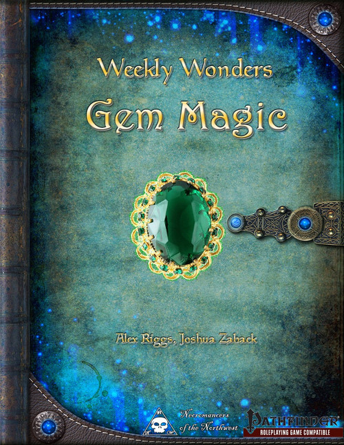 Weekly Wonders Gem Magic PDF cover art featuring a green gemstone with gold filigree and blue accents on a starry night background, branding for D20 RPG enthusiasts, authored by Alex Riggs and Joshua Zaback.