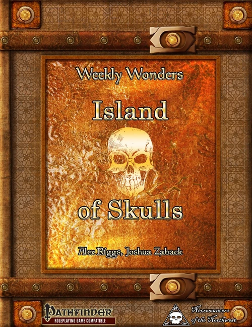 Weekly Wonders - Island of Skulls PDF cover featuring a skull icon on an orange background, a 44-page Pathfinder adventure, by Alex Riggs and Joshua Zaback, with giant spider, skullslither, and ape game stats.