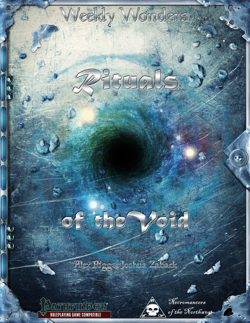 Weekly Wonders - Rituals of the Void PDF cover art featuring a void with blue and white hues, surrounded by celestial elements, Pathfinder logo, and Necromancers of the North branding in a 1-page document format.