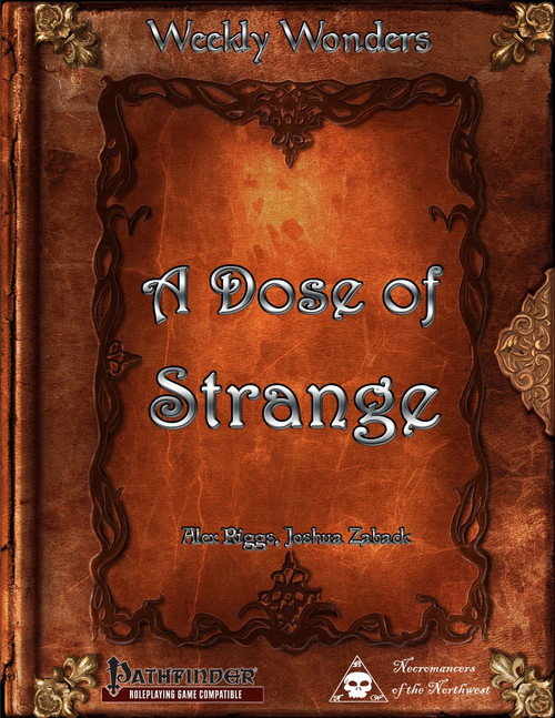 Weekly Wonders - A Dose of Strange PDF, a brown leather-bound book with gold accents, featuring Pathfinder-compatible monsters, including the otherworldly hound and walker, designed for roleplaying game enthusiasts and fans of Stranger Things.