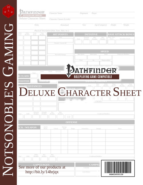 Pathfinder Deluxe Character Sheet PDF, a four-page editable document with sections for character stats, skills, and equipment, in a clean gray and brown design, compatible with Pathfinder Roleplaying Game, saved in Adobe Reader format.