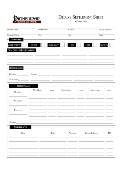 A fillable and savable Deluxe Settlement Sheet PDF, featuring Pathfinder Roleplaying Game data organization, with sections for NPCs, groups, factions, and locations, expanded for readability, by Noble Mays, a printable worksheet for tabletop RPGs.