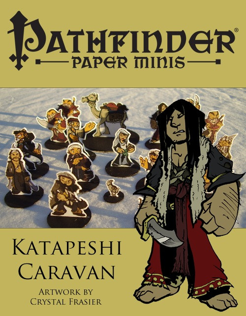 Pathfinder Paper Minis Katapeshi Caravan PDF collection featuring a range of easy-to-build caravan characters, including masters and a baby goat, designed by Crystal Frasier, PDF format.