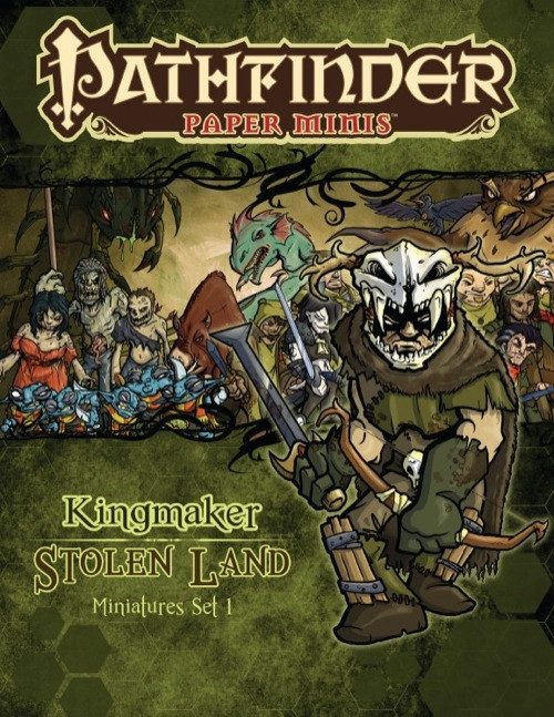 Pathfinder Paper Minis: Pathfinder Adventure Path #31—"Stolen Land" PDF, featuring a set of printable paper miniatures from Kingmaker 1 of 6, in green and brown colors, with 1 large creature and multiple monsters.