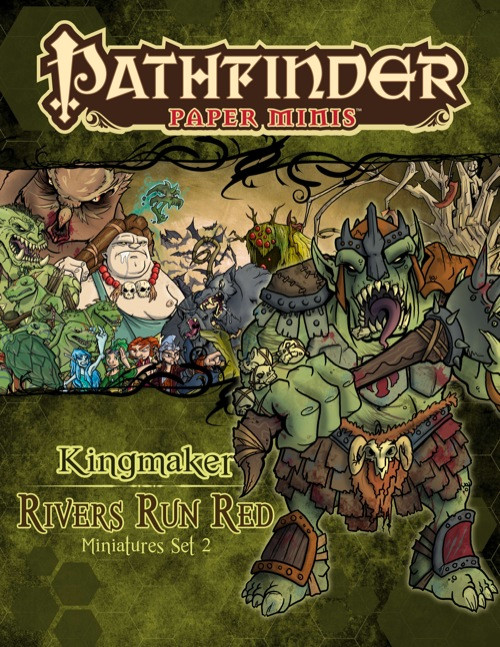 Pathfinder Paper Minis:  Rivers Run Red 6-pack featuring orc logger, assassin vine, bat swarm, blood caiman, centipede swarm, cave weaver spider and other creatures in  green and brown tones with PDF layout.