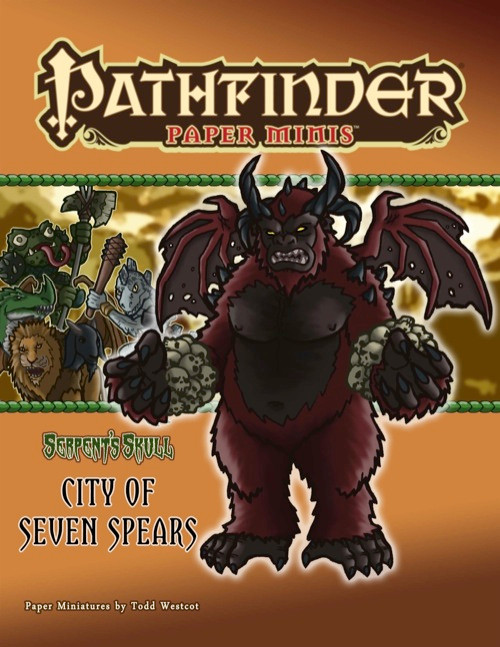 Pathfinder Paper Minis: City of Seven Spears PDF featuring over 100 key NPCs, monsters, and figures from the Serpent's Skull Adventure Path, including apes, reptiles, spiders, acolytes, and fighters in PDF format.