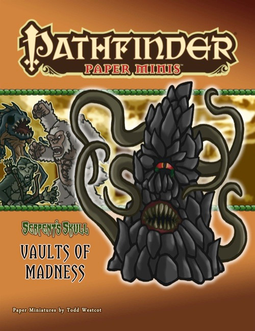 Pathfinder Paper Minis: Vault's of Madness set contains over 100 NPCs and Large monster miniatures, featuring apes, plant creatures, restless dead, and more, with vibrant orange and green illustrations.