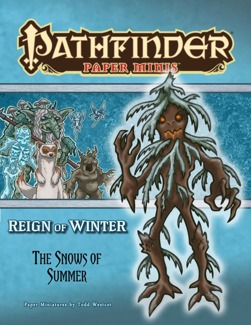 Pathfinder Paper Minis - "The Snows of Summer" PDF, featuring over 70 digital miniatures for Reign of Winter Adventure Path Part 1, including icy monsters, a large ice dragon, and a female noble, in a snowy winter setting.
