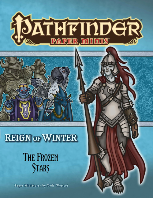 Pathfinder Paper Minis, Reign of Winter, The Frozen Stars PDF, featuring over 90 key NPCs and monsters in various sizes including huge, large, and detailed miniature figures, ideal for the Adventure Path part 4.