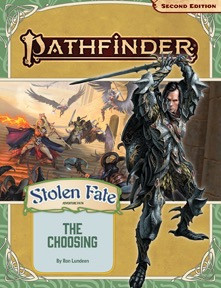 Pathfinder Adventure Path #190: The Choosing PDF by Demiplane, a fantasy roleplaying game PDF, featuring a warrior with sword and dragons in background, on a yellow and green Celtic-inspired background.