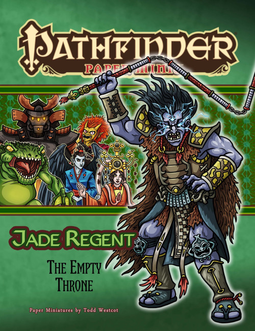 Pathfinder Paper Minis Jade Regent The Empty Throne, featuring a large gray humanoid figure and various creatures in shades of gray and brown, set against a lush green background with gold accents on a large size paper miniature product.