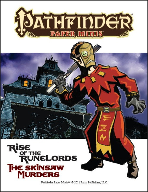 Pathfinder Paper Minis: Pathfinder Adventure Path #1 "Burnt Offerings" PDF, 38 key NPCs and monsters, including Skinsaw Man, Iesha Foxglove, and Ghoul, against dark backdrops and cityscapes, ideal for Adventure Path role-playing games.