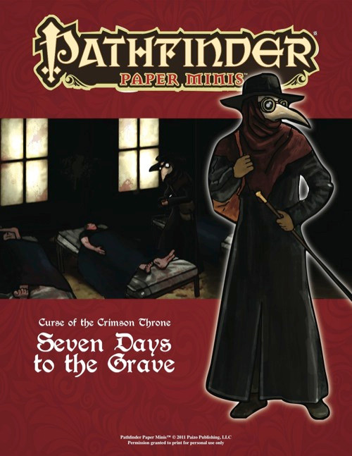 Pathfinder Paper Minis: Seven Days to the Grave PDF, featuring over 80 NPCs and creatures from the Curse of the Crimson Throne Adventure Path, with undead and aquatic miniatures in various scales.