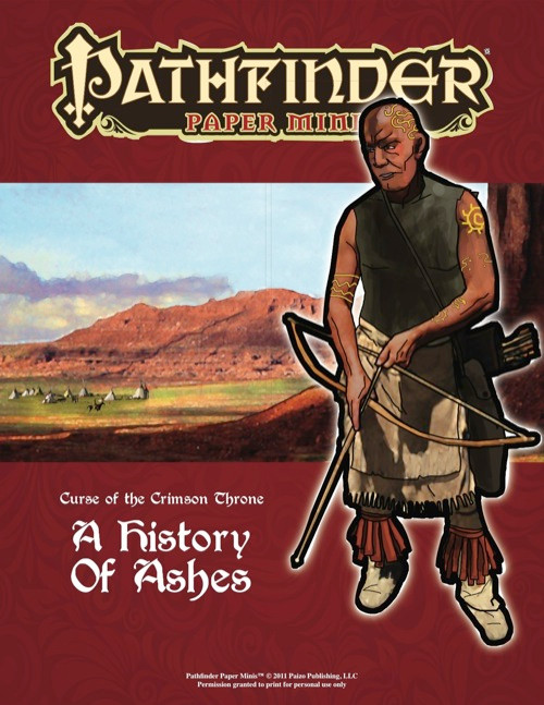 Pathfinder Paper Minis set featuring over 60 NPCs and creatures from 'A History of Ashes' Curse of the Crimson Throne Adventure Path, with barbarian, desert landscape, and Shoanti tribes.